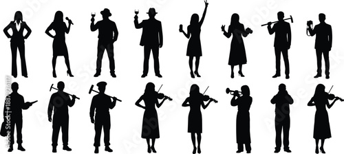 People silhouette collection showing musicians, singers and professionals holding instruments and tools, isolated scene representing performance, career diversity, lifestyle, creativity
