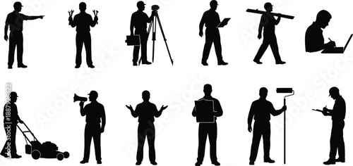 Professional worker silhouettes set showing construction, technical, office and manual labor jobs, industrial occupation lifestyle illustration for business design