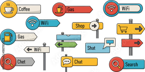 Cartoon style directional signs and service labels for navigation