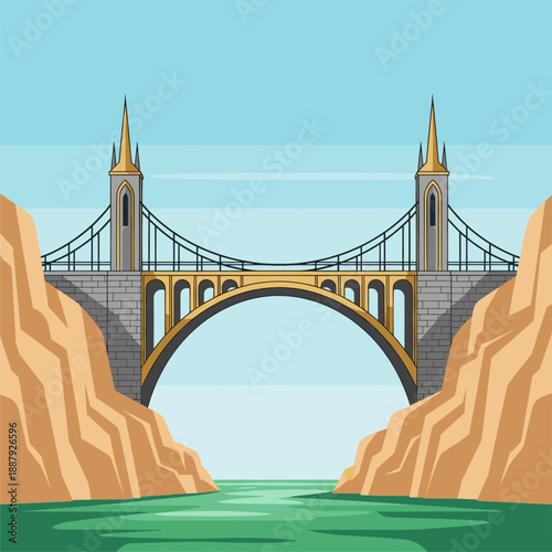 Majestic Golden Arch Suspension Bridge Illustration Spanning a Green River Between Rocky Cliffs Under a Clear Blue Sky