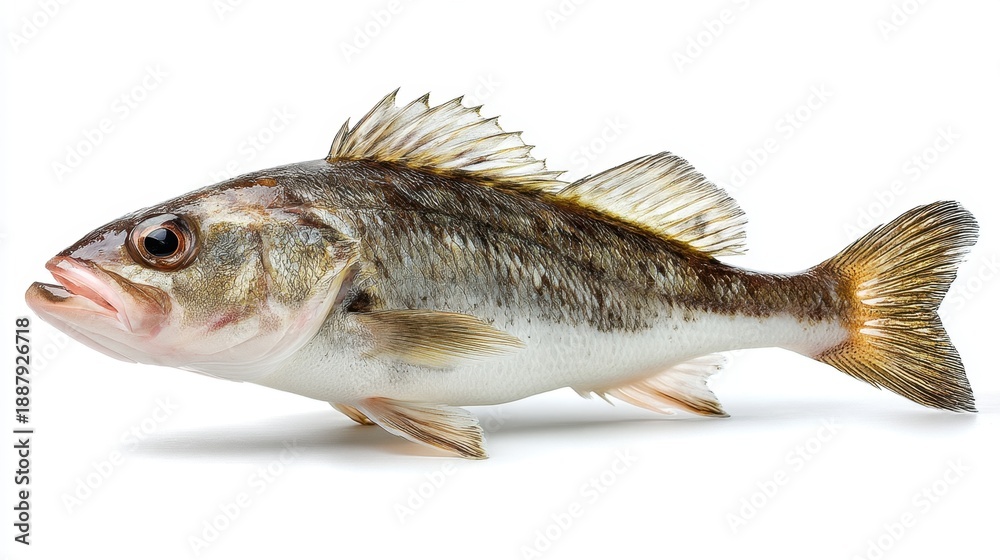 Fototapeta premium Close-up of a striped bass fish on a white background.