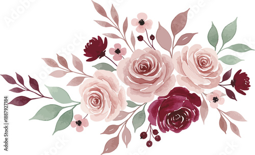 Beautiful bouquet of pink roses and red flowers with green leaves