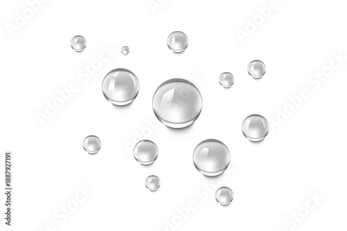 Realistic transparent water drops, droplet or water-drop overlay with glossy crystal clarity fresh purity liquid texture on png background