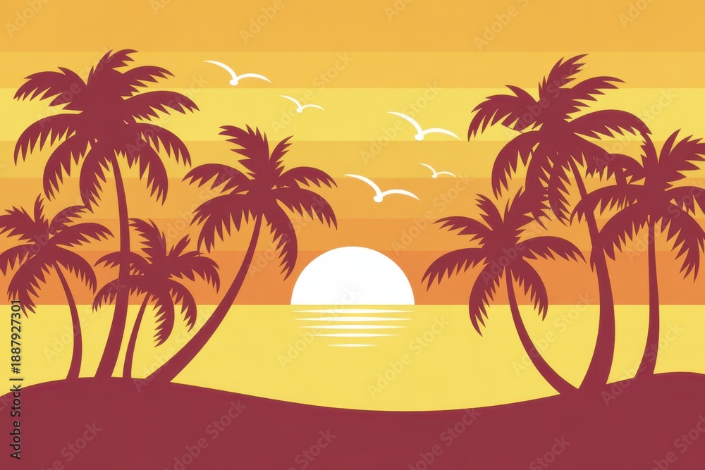 Obraz premium Tropical sunset over calm seas with palm trees