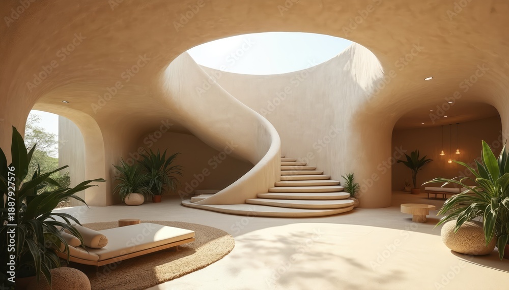 Fototapeta premium Curving staircase within minimalist home interior. Earthy tones and natural light create zen atmosphere. Plants and simple furniture add organic feel to beige aesthetic space.