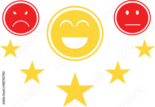 Customer Satisfaction Rating Icons with Happy, Neutral, Angry Faces and Star Symbols. Clean Vector Style Ideal for Reviews, Feedback Systems, UX Design, Apps and Marketing Graphics.