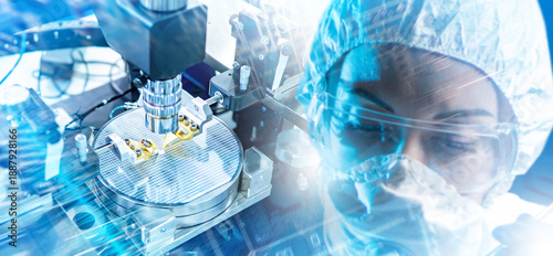 Fotografi Semiconductor manufacturing engineer inspects microchip wafer under precision equipment, controlling cleanroom processes, nanotechnology production, and electronic component quality