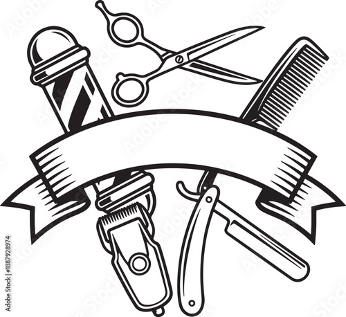 Barber Shop Tools Silhouette with Scissors Razor Clipper and Comb Vector