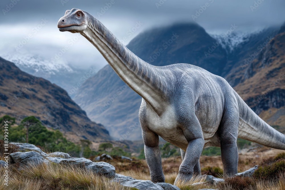 Fototapeta premium Large dinosaur walking through mountainous terrain under cloudy skies in a prehistoric setting