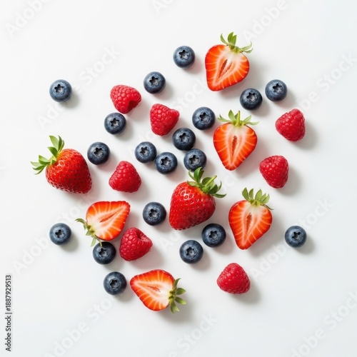 Fresh mixed berries arrangement with blueberries raspberries and strawberries scattered on white background for healthy eating food concept top view organic summer fruits and antioxidant nutrition