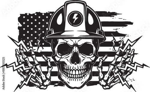 Electrician Skull Silhouette Hard Hat Lightning American Flag Design