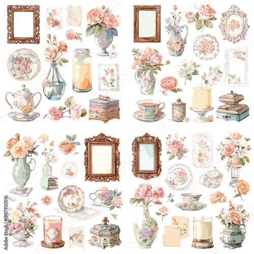 Vintage floral decor illustration with porcelain dishes vases frames candles and books. Romantic interior accessories collection inspired by classic home styling.