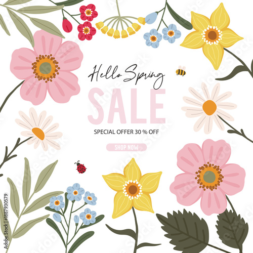 Hello spring greeting cards, motherțs day banner, invitation, posters with beautiful flowers, abstract floral banner	