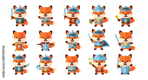 Set Of Cartoon Fox Knights In Armor Cute Animal Characters