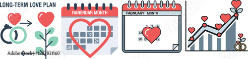 Long-term relationship planning, growth, and commitment visualized with heart and calendar icons, symbolizing dedication and progression