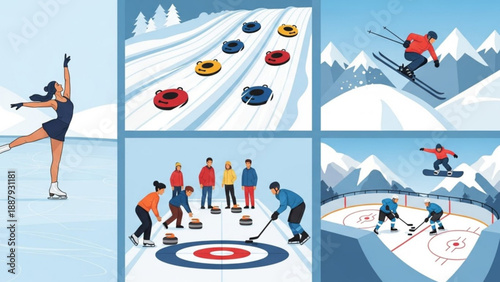 Winter sports collage with figure skating bobsled skiing curling and ice hockey