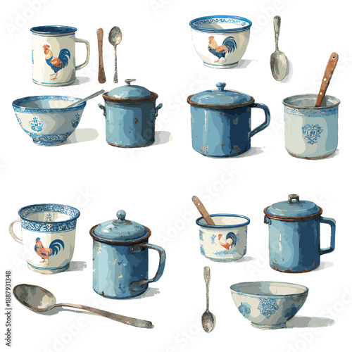 Vintage enamel cookware illustration with pots bowls spoons and mugs. Rustic kitchenware collection inspired by traditional household cooking tools.