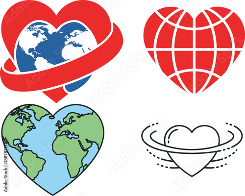 Vector icon set depicting global interconnectedness, compassionate care for the Earth, and unity, illustrating worldwide love, social responsibility, and international support