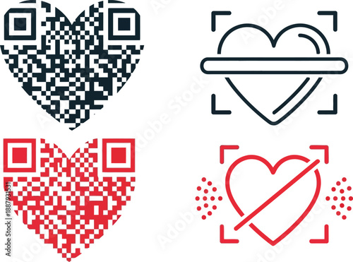 Heart-shaped QR code icons for scanning, love, and approval/disapproval concepts