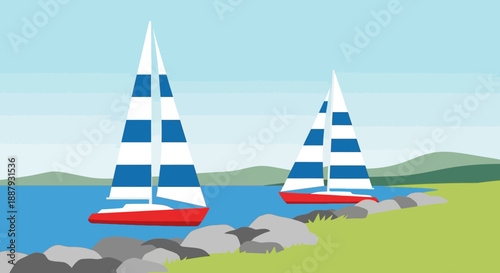 Two sailboats anchored near a rocky shoreline with hills in the background.