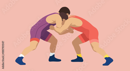 Two wrestlers in action, engaged in a fierce competition.