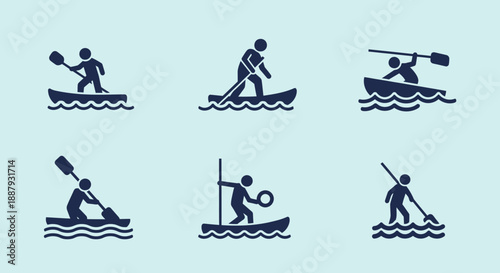 Set of simple water sports icons featuring paddling and sailing activities.