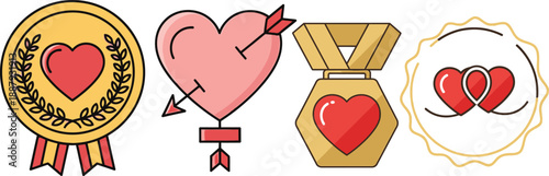 Vector illustration set with love and award icons heart medals, an arrow-pierced heart, and intertwined hearts. Perfect for romantic themes and celebrating achievements