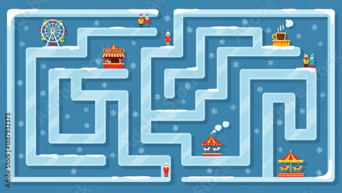 Colorful carnival maze with ferris wheel and game booths on blue background