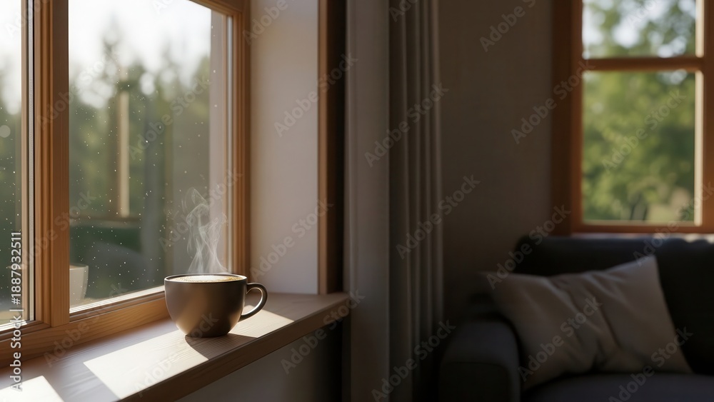 Fototapeta premium Steaming coffee cup in a cozy, peaceful setting with warm natural sunlight on a wooden window sill for relaxation and home decor.