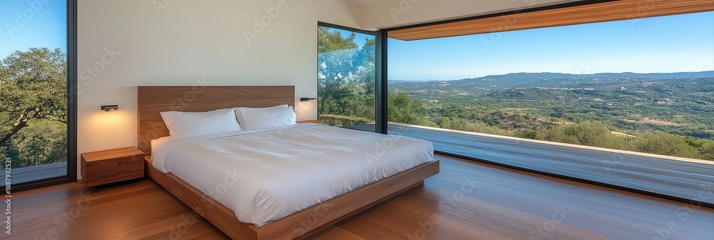 Obraz premium Modern bedroom with king-size bed and panoramic view of rolling hills through floor-to-ceiling windows