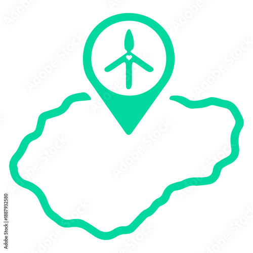 Wind Farm Location Icon with Turbine Symbol and Map Pointer in Flat Line Art Style for Renewable Energy Mapping and Sustainable Infrastructure