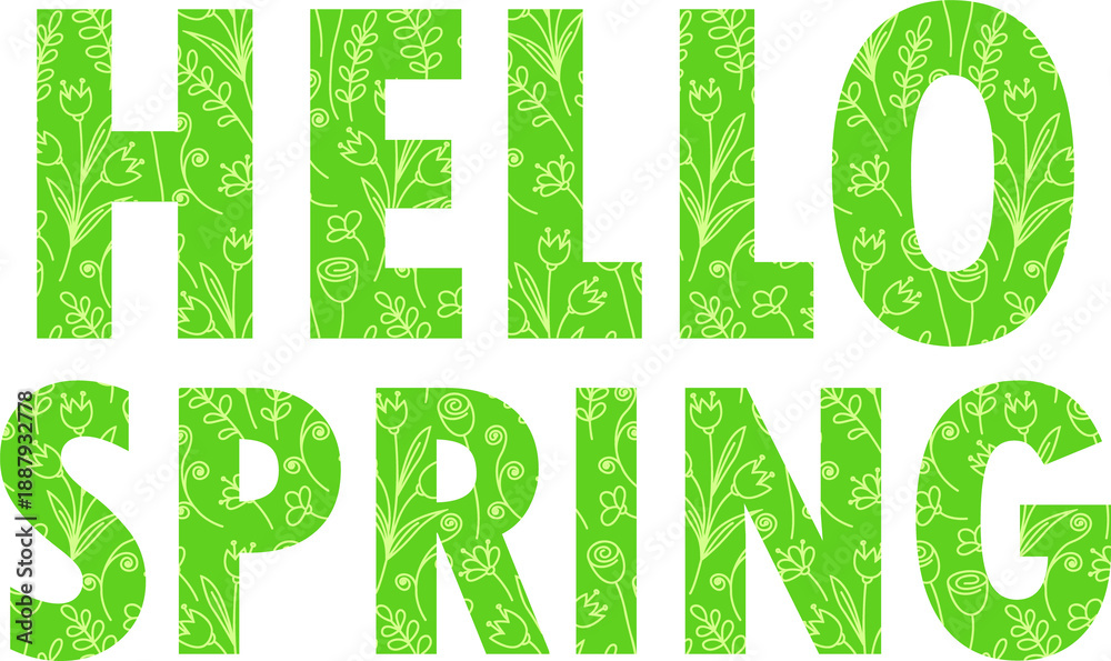 Fototapeta premium hello spring green grass text with leaves