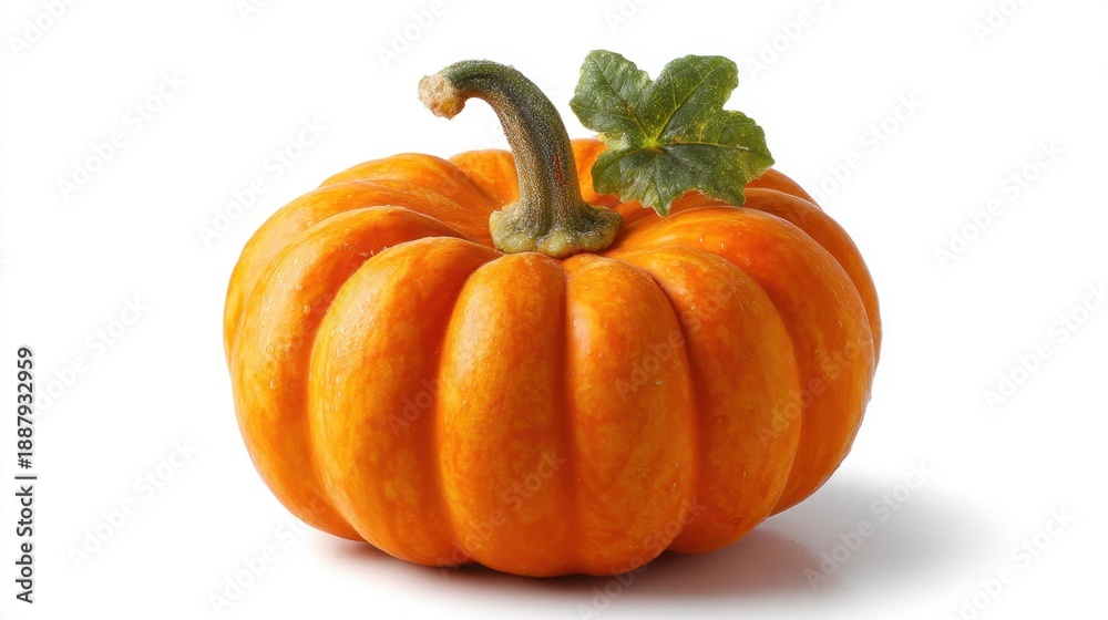 Fototapeta premium Vibrant orange pumpkin with green stem and leaf.