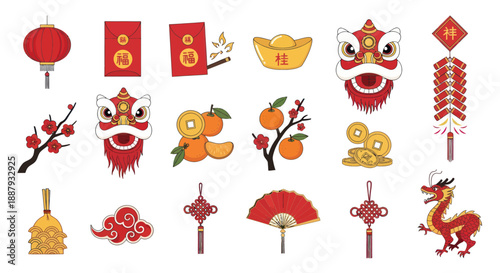 Chinese New Year Icons Set: Dragon, Lantern, Red Envelopes, Oranges, Lion Dance
