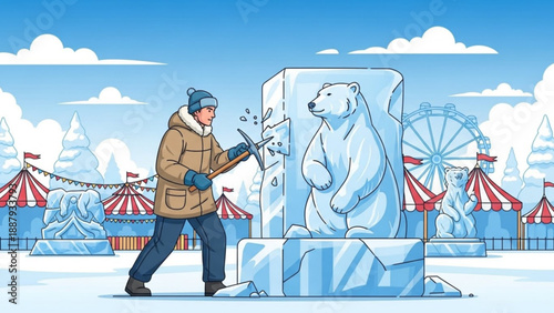 Man carving polar bear ice sculpture at winter carnival with ferris wheel and tents
