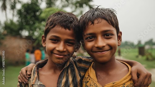 Two smiling young boys standing together in a rural village, showcasing friendship and childhood joy in a vibrant, authentic setting.