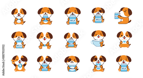Set of Cute Cartoon Dog with Milk Bottle and Cup