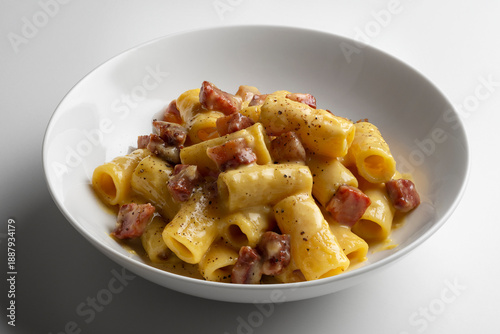 Rigatoni Carbonara Pasta in a White Bowl
