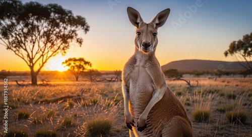 Majestic kangaroo standing in serene Australian outback at sunset