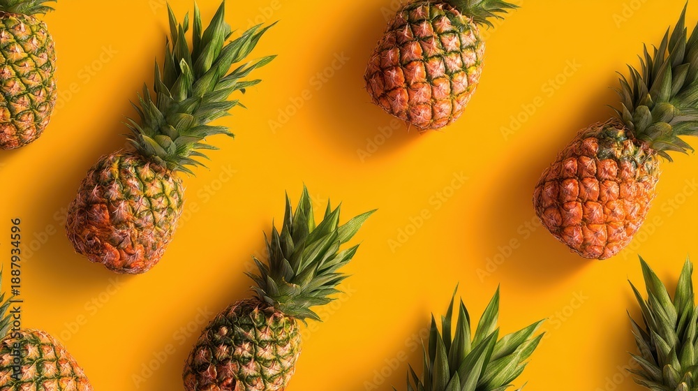 Fototapeta premium Tropical pineapples on vibrant yellow background.