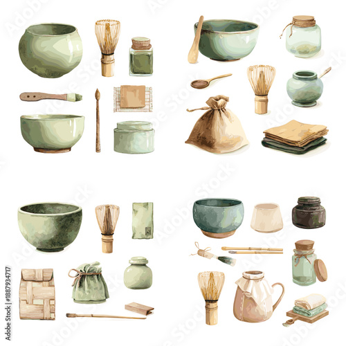 Handmade ceramic tea set illustration with bowls cups jars bamboo tools and cloth. Minimal pottery collection inspired by Japanese tea culture on light background.