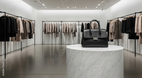 Minimalist luxury fashion boutique interior with black leather handbag on marble pedestal display and designer clothing hanging on racks in spacious modern store with clean white walls and floor