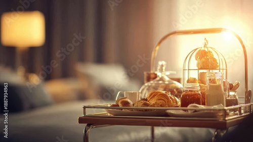 Hotel Room Service Cart with Gourmet Breakfast Close Up