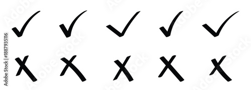Hand drawn doodle check the mark icon set designed for correct, cross, ok vote sign element. Vector illustration.