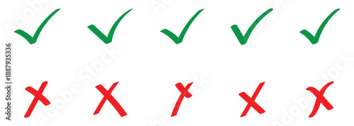 Doodle style tick and cross icon isolated on white background. Green checks indicate successful validation and red crosses highlight errors.
