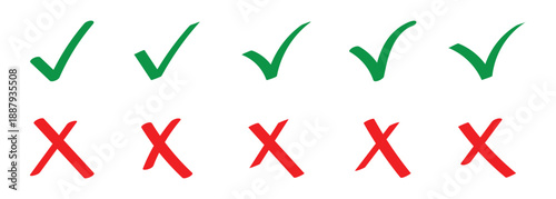 Ticks crosses mark in doodle style used in apps and websites to show successful actions or failed actions. Vector illustration EPS.