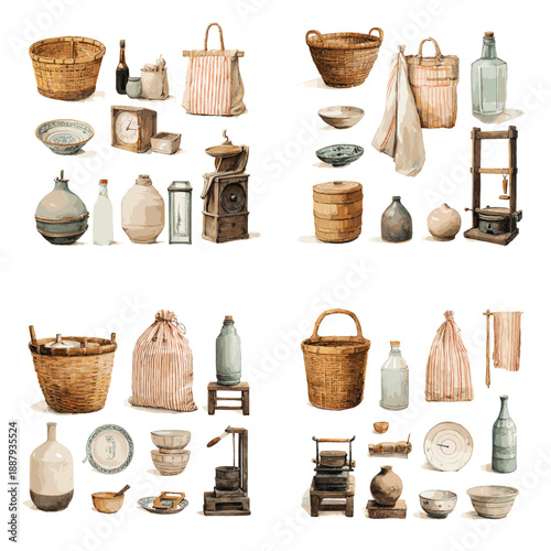 Vintage home goods illustration with baskets bottles clocks scales and fabric items. Rustic domestic collection inspired by traditional household storage and decor.