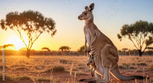 Mother kangaroo with joey in pouch at sunset in Australian outback