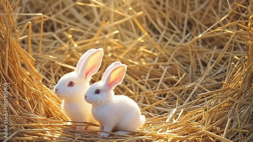 Two Adorable White Rabbits Snuggled Together in Soft Hay, Close-Up Portrait of Fluffy Pets in a Cozy Nest.