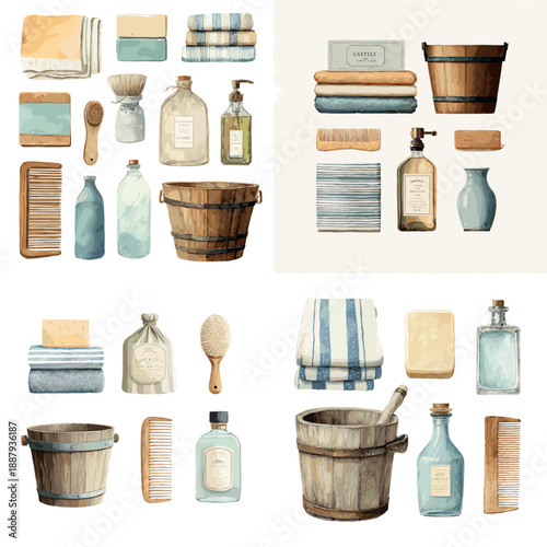Rustic household containers illustration with bottles buckets soap towels and wooden tools. Vintage cleaning and storage concept inspired by traditional home essentials.